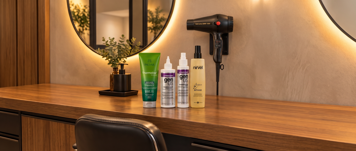 Salon stylist station with a Turbo Power dryer, Inoar Thermoliss, Genus Laminescent and Nirvel Argan Biphase