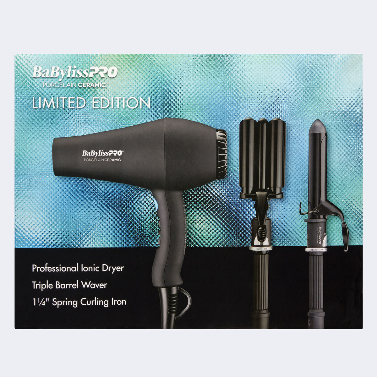 BaBylissPRO Porcelain Ceramic Limited Edition Gift Set BPPP7-24 box with Carrera2 dryer, triple barrel waver and curling iron