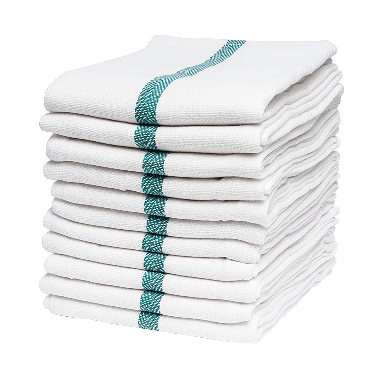 Diane DET005 12-pack cotton barber towels white herringbone weave with teal stripe 15 x 26 inches