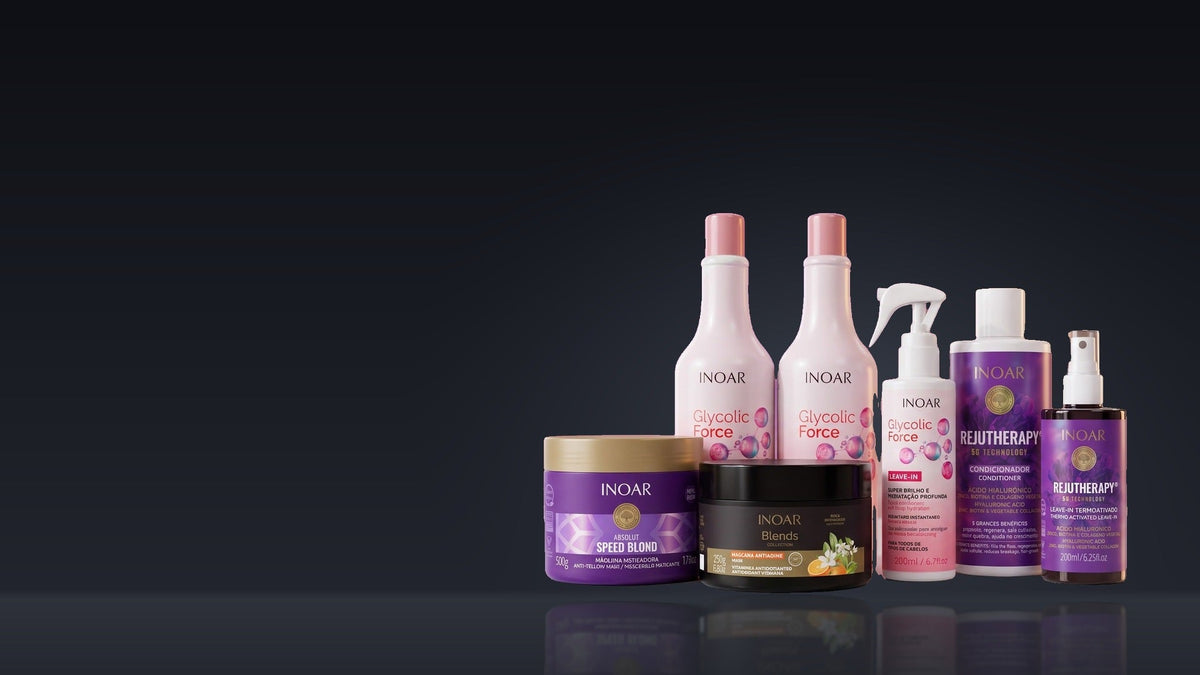 Inoar Speed Blond, Glycolic Force and Rejutherapy range on a charcoal studio set