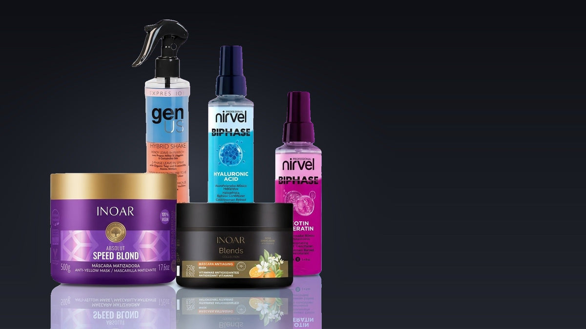 Genus, Nirvel and Inoar backbar products on a charcoal studio set