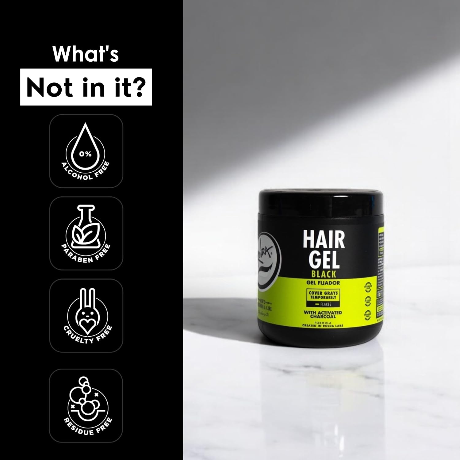 Rolda Black Hair Gel for Men Medium Hold with Activated Charcoal 17.6 oz