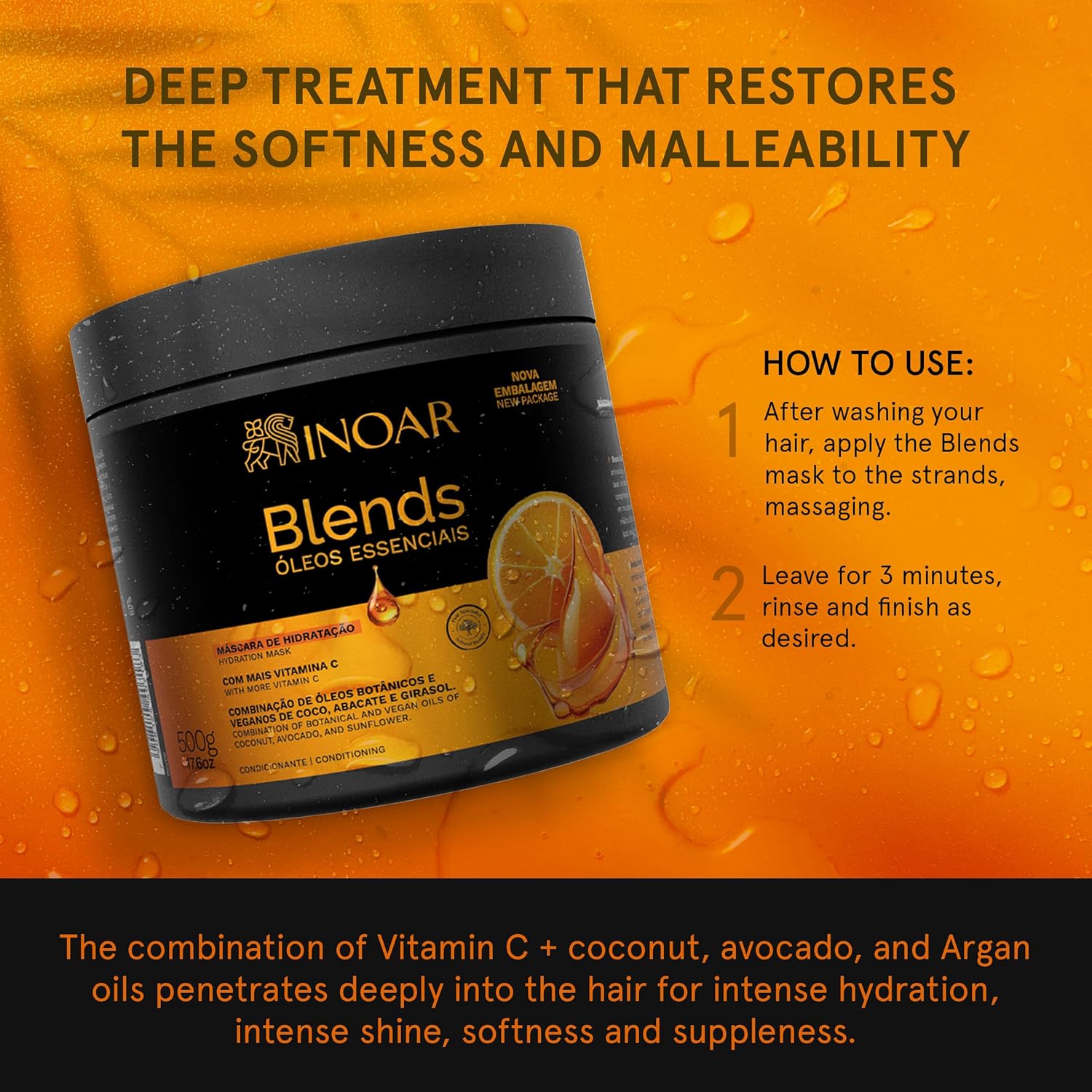 Inoar Blends Mask Moisturizing Hair Treatment With Vitamin C And Argan Oil 17.64 fl oz