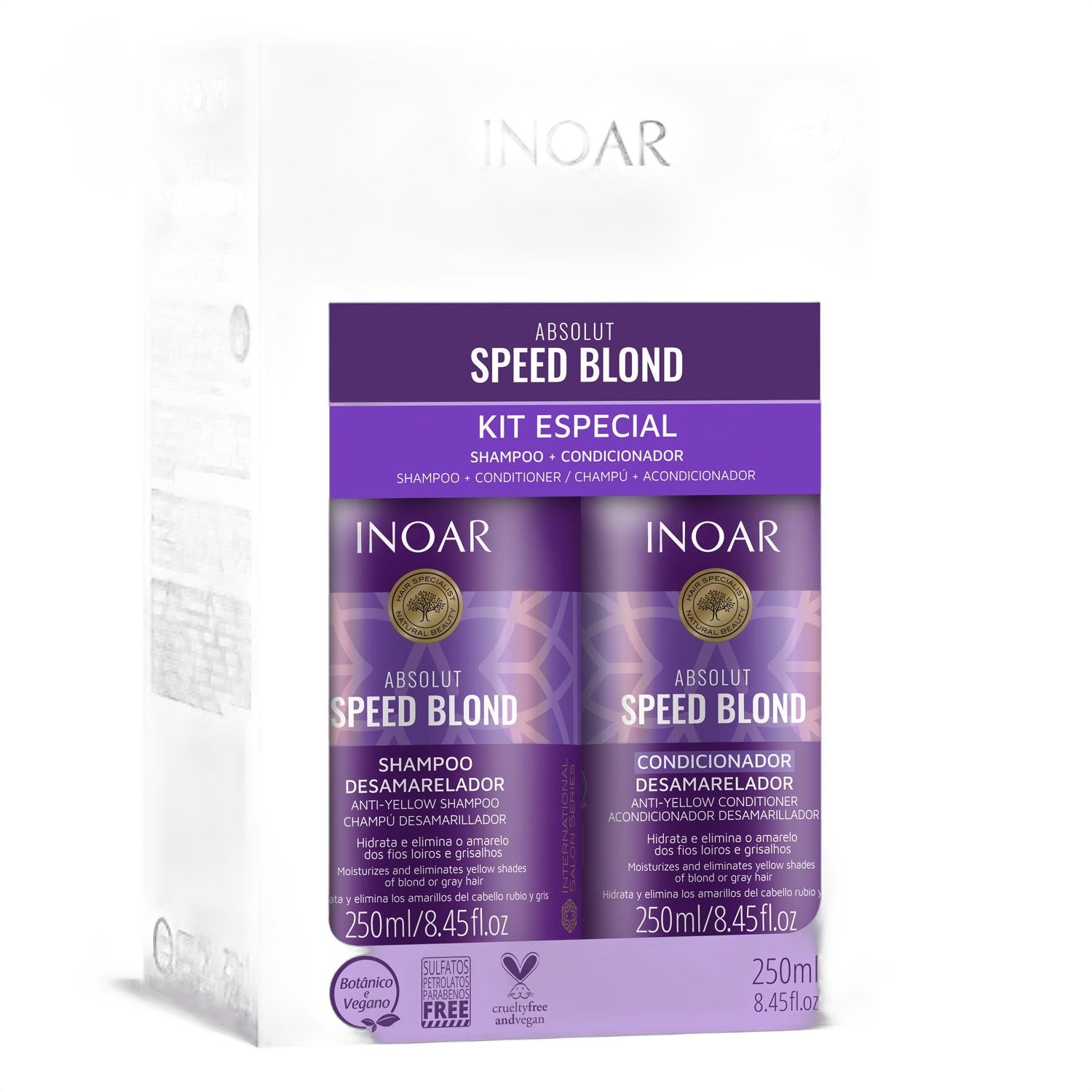 INOAR Absolut Speed Blond Shampoo and Conditioner Kit 250ml on white background