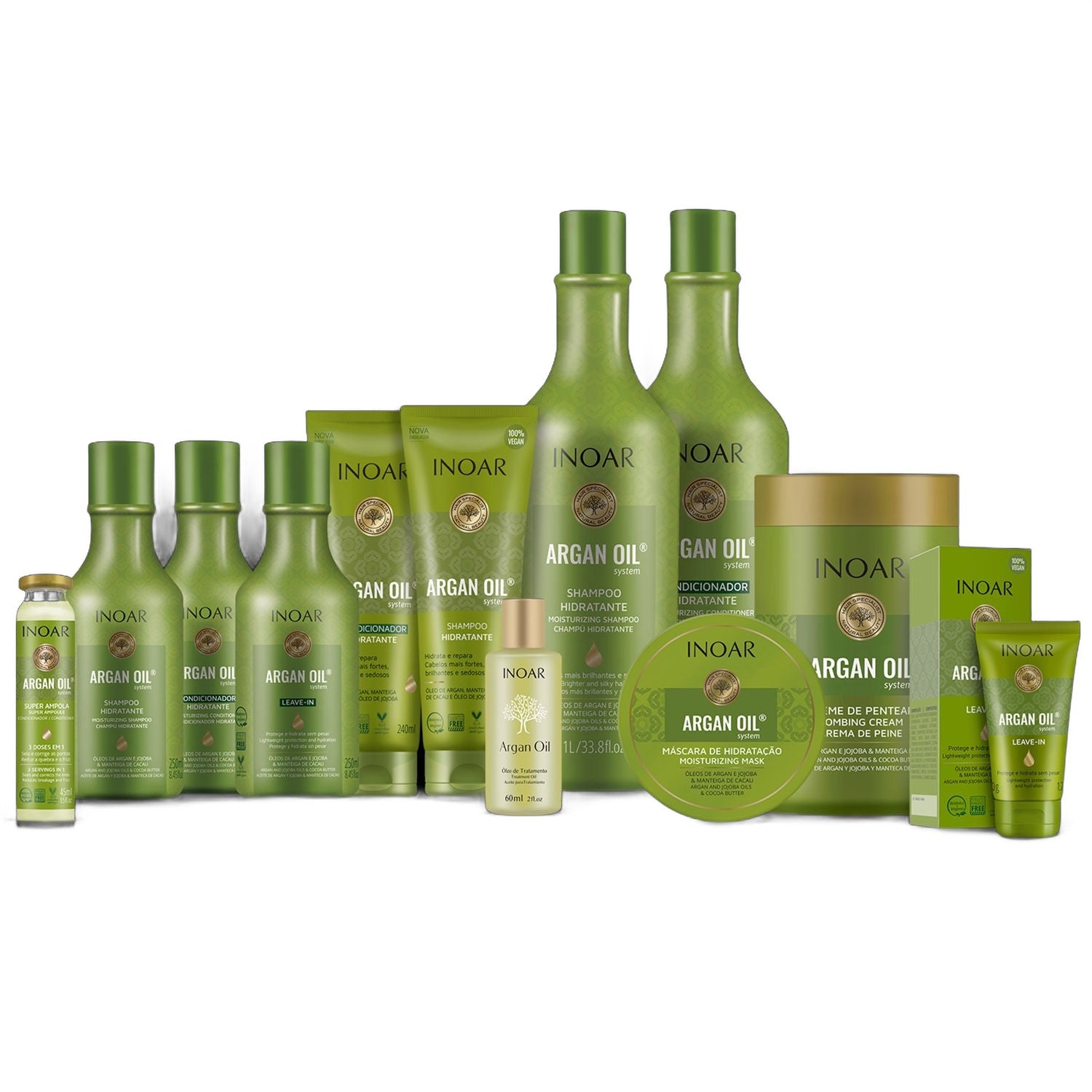 Inoar Argan Oil System Professional Hair Care Collection on white background
