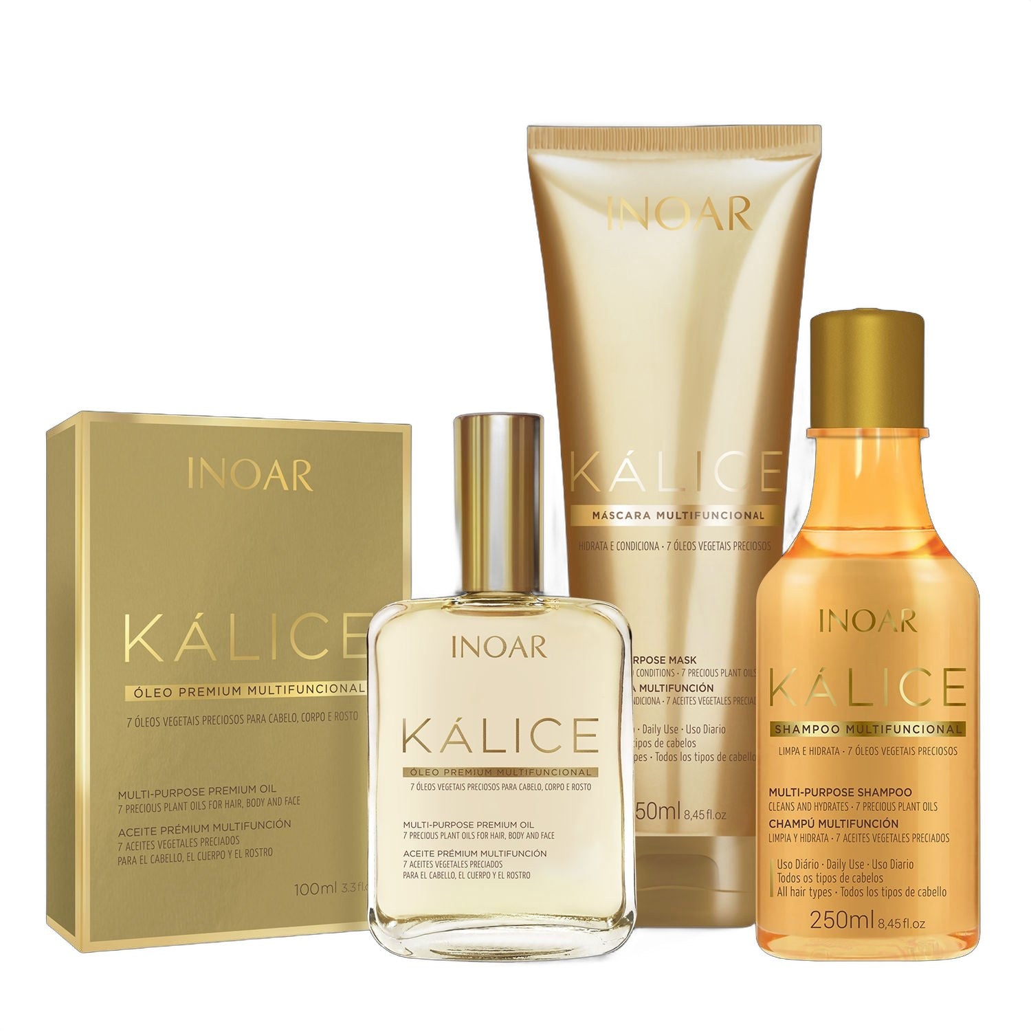 Inoar Kalice Multi-Functional Hair, Face and Body Care Line on white background