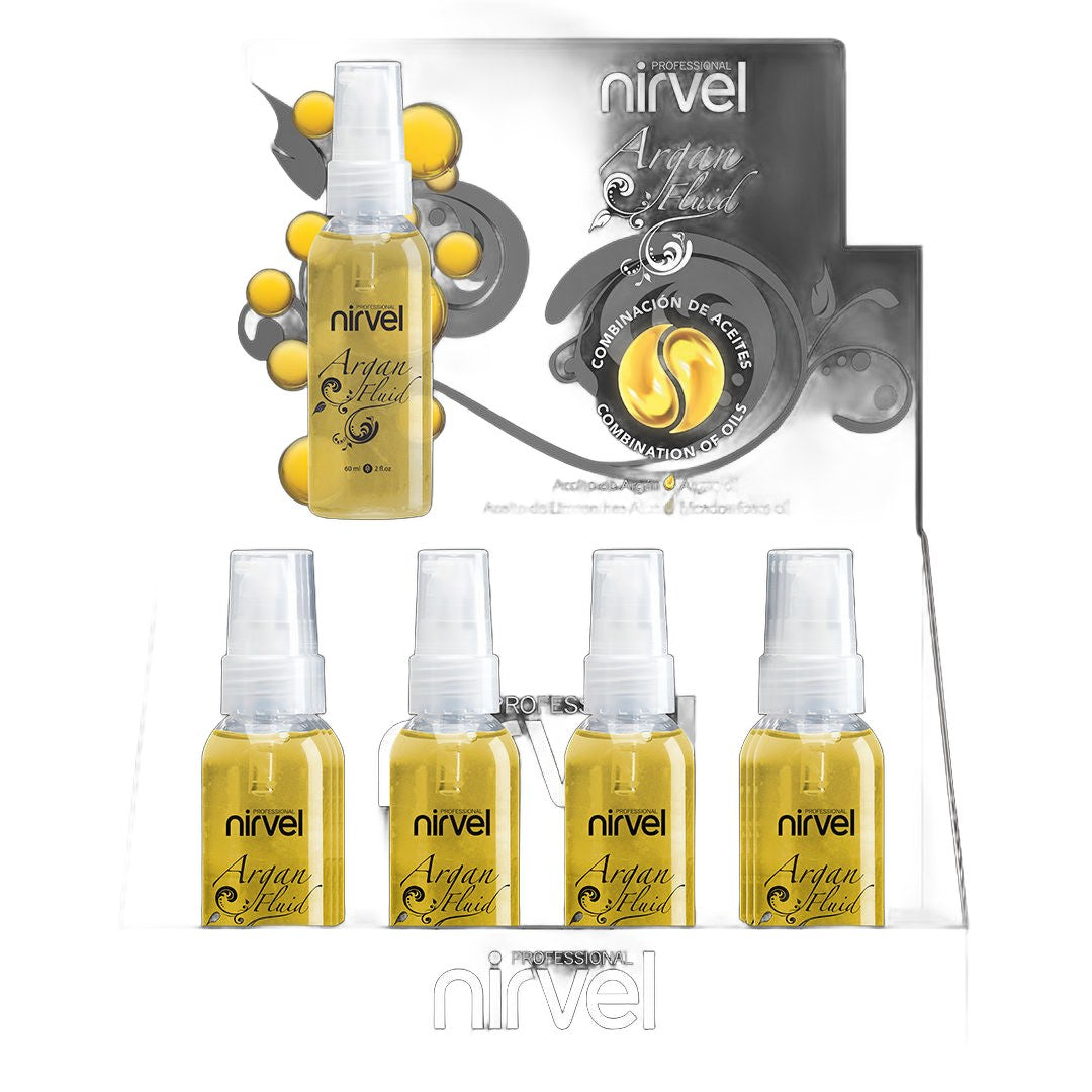 Nirvel Professional Argan Fluid Hair Treatment Display 12 Count on white background